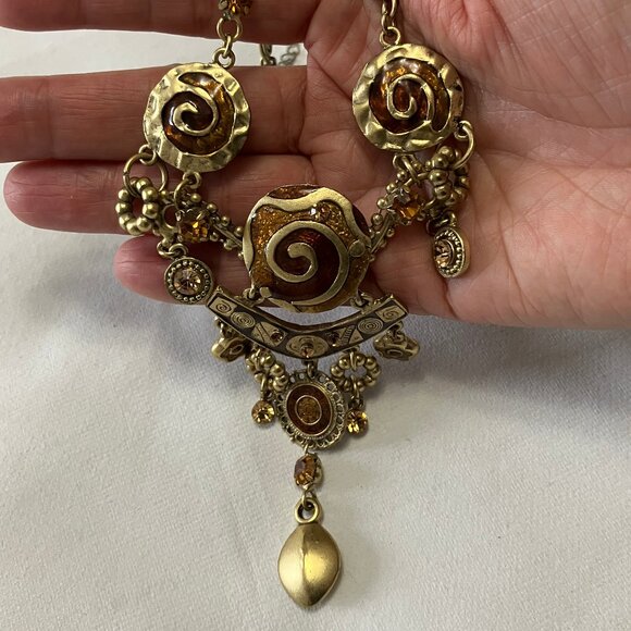 Art Deco-styled Brown/Gold Tone Fashion Costume Necklace & Earring Set - Picture 1 of 9